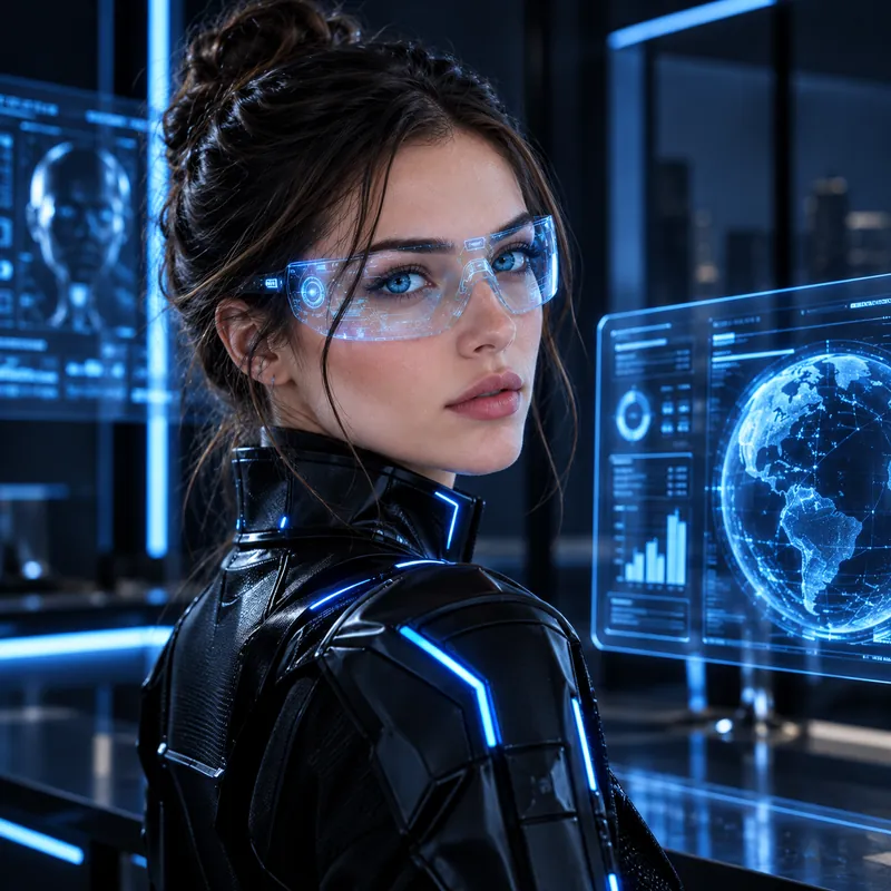 AI-generated woman with futuristic glasses in front of holographic displays