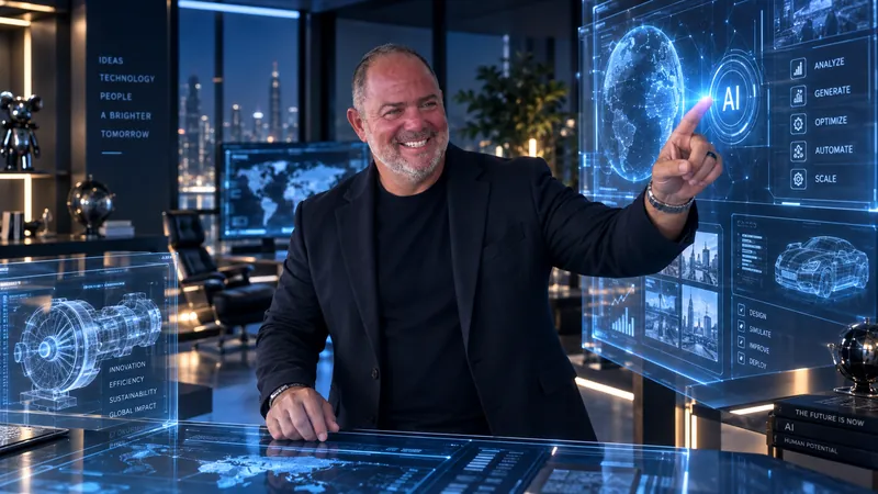 Founder pointing at a glowing AI holographic interface with a globe and futuristic dashboards in a high-tech office at night