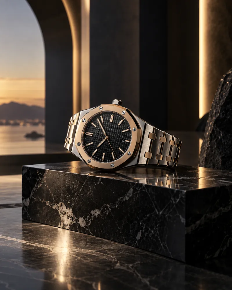 Luxury two-tone watch on a black marble pedestal at sunset
