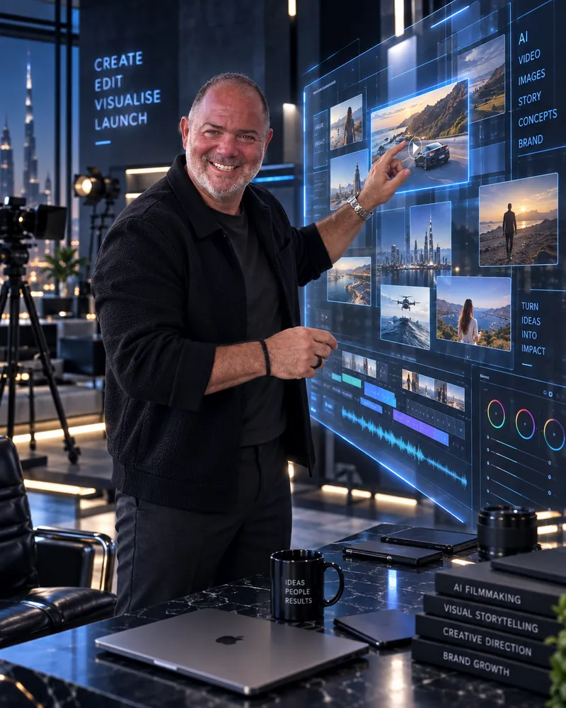 Founder pointing at a large holographic video editing wall with cinematic thumbnails in a studio