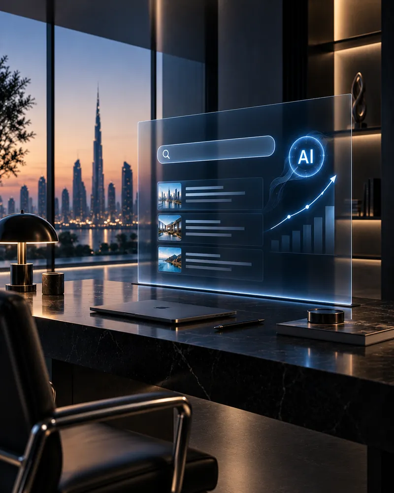 Luxury office desk with a holographic AI search interface and city skyline at dusk
